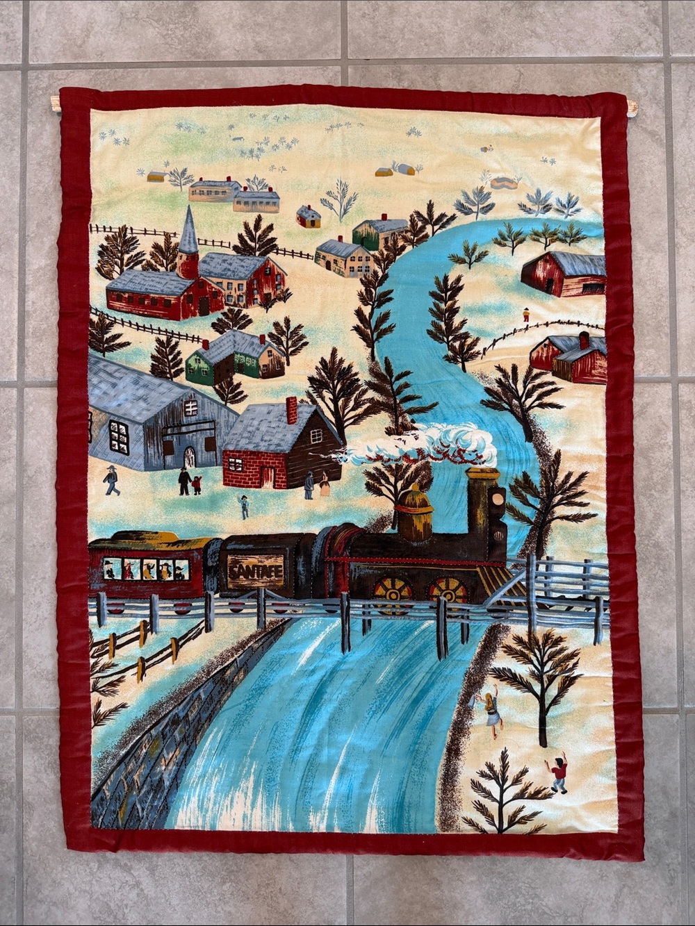 Vintage Americana Folk Art Fabric Wall Hanging Featuring A Winter Train Scene
